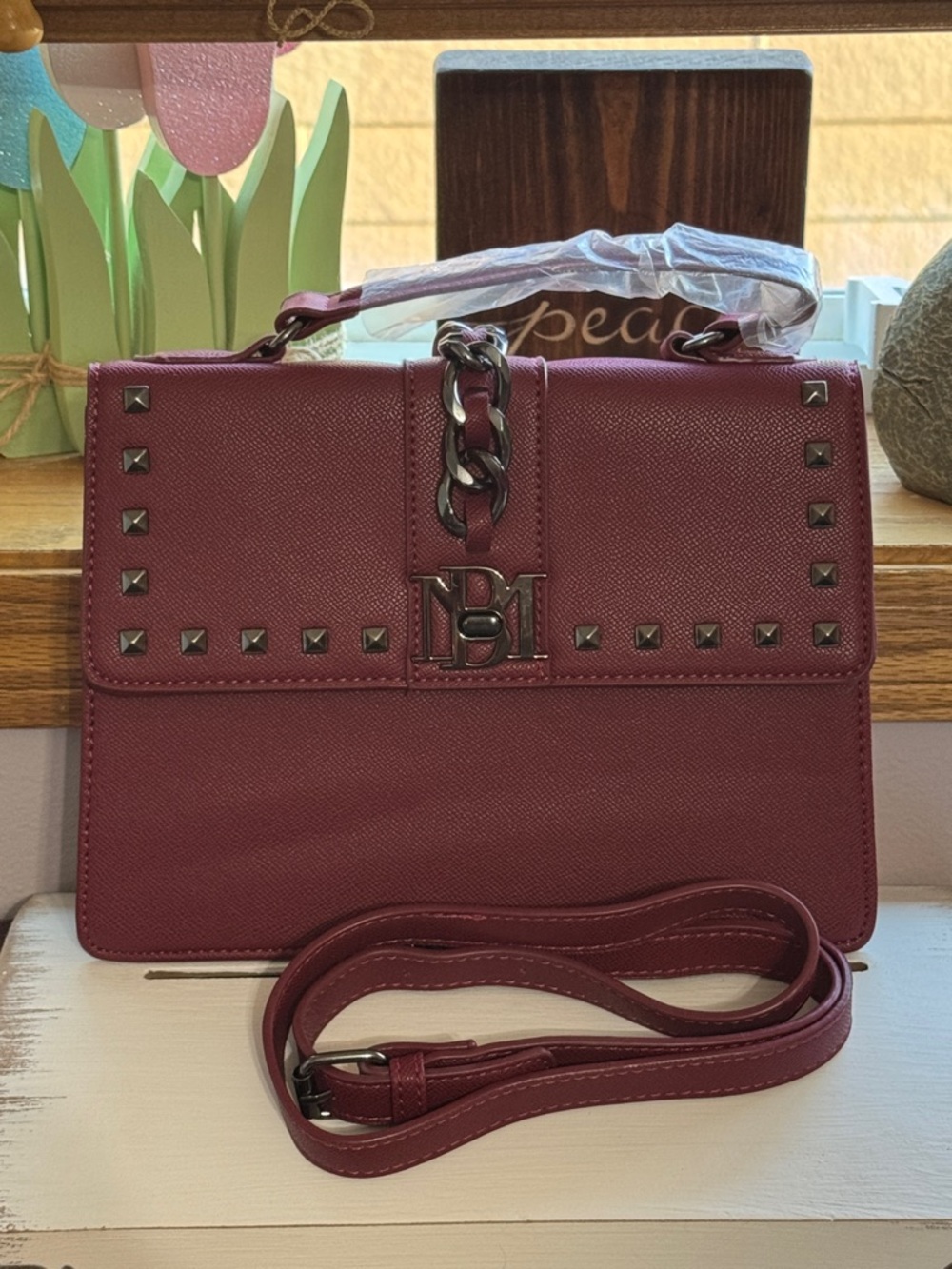 Badgley Mischka Burgundy Stud-Trim Shoulder Bag with Chain Accent